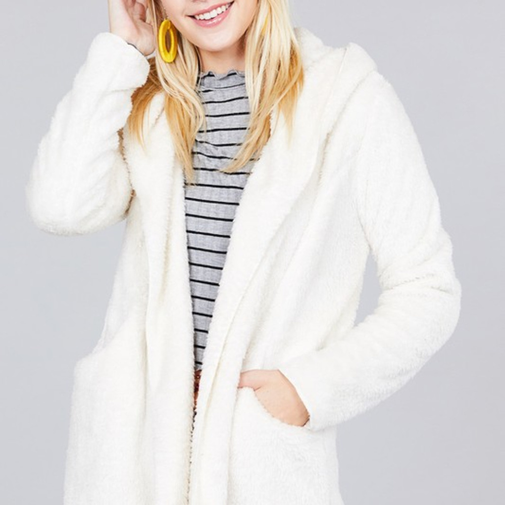 1 LEFT Off White Faux Fur Hooded Jacket - Picture 2 of 4